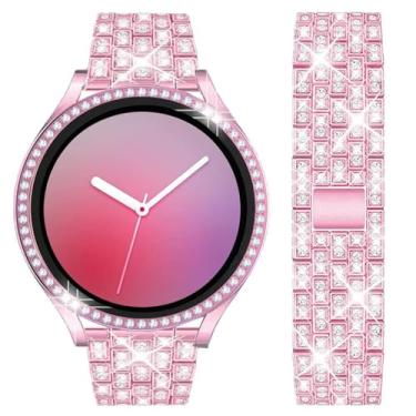 Imagem de DEALELE Pulseiras compatíveis com Samsung Galaxy Watch Active 2 de 40 mm/Active 2 de 44 mm, pulseira de metal inoxidável diamante brilhante com capa protetora de strass (rosa rosa)