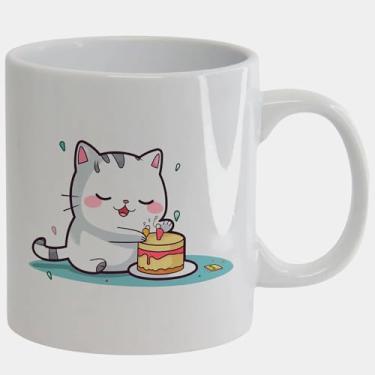 Imagem de Caneca Branca de Porcelana 325ml GATO BRANCO BOLO ANIVERSARIO