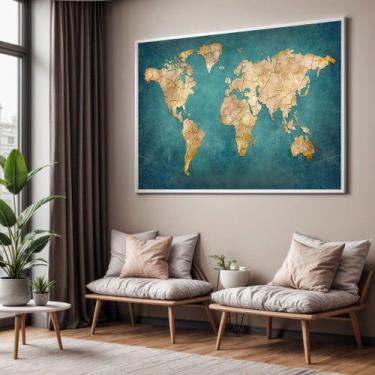 Imagem de Quadros decorativos com Moldura Sala Quarto Mapa Mundi Verde Grande Ha