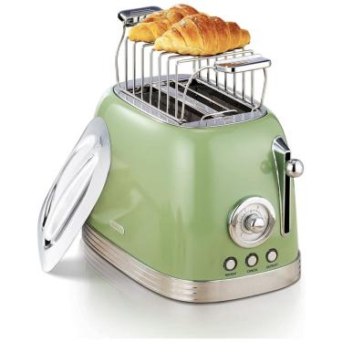 Imagem de Torradeira 2 Fatias Vintage com Tampa de Aço Inoxidável, Acessório para Pão, 6 Níveis de Tostagem e Funções de Pré-aquecimento, 110V 815W,