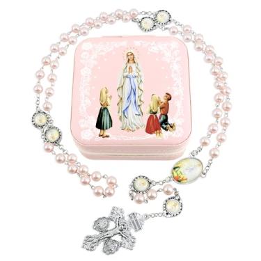 Imagem de SUTANALE Colar de Rosário Católico para Mulheres com Contas de Pérola de Vidro de 8 mm - Presente de Joias Nossa Senhora de Lourdes e Imaculado Coração de Maria, Estojo de Viagem, Primeira Comunhão