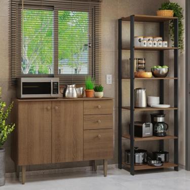 Imagem de Kit Cozinha Balcão Gabinete 3 Portas 2 Gavetas e Armário Cozinha Despensa 5 Prateleiras Rustic/Preto