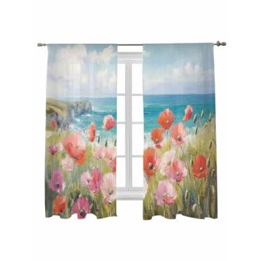Imagem de Cortinas semitransparentes de 160 cm de comprimento, plantas de concubina pastoral retrô, pintura a óleo, cortinas de tratamento de janela, cortina de filtro de luz, cortinas com bolso para varão,