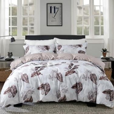 Imagem de OAITE Capa de edredom de plumas - Capa de edredom macia com estampa de folhas de café, conjunto de 3 peças, 1 capa de edredom com zíper de 254 cm x 224 cm e 2 fronhas