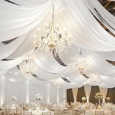 Imagem de PartyVillage 10 painéis de 1,5 m x 9 m cortinas de teto brancas para festas de casamento – 7,5 m de poliéster grosso extra longo sem rugas, decoração de barraca para festa de aniversário, cerimônia de