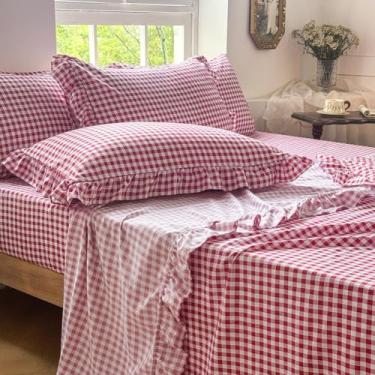 Imagem de NSNLGSGC Jogo de lençol Queen vermelho guingão com babados, microfibra pré-lavada, xadrez, 4 peças, conjunto de lençóis de fazenda com bolso profundo