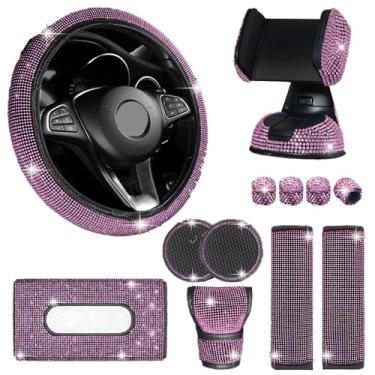 Imagem de MINGZAIQIPEI Pacote com 12 acessórios de carro brilhantes para mulheres, capa de volante com ajuste universal de 38 cm, cinto de segurança, capa de câmbio de marcha, suporte de telefone brilhante,