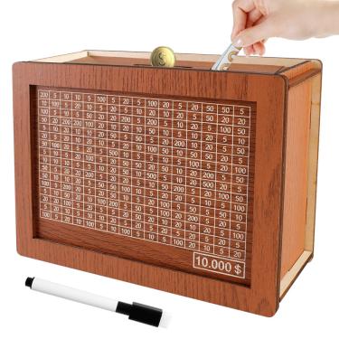 Imagem de Caixa de poupança de madeira Cash Vault com alvo de dinheiro e caneta