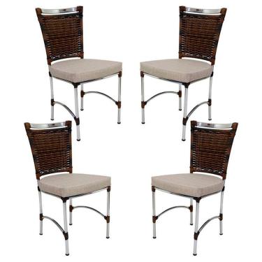 Imagem de 4 Cadeiras Jk Em Alumínio E Fibra Sintética Cozinha Edícula Argila E Fundo Palha