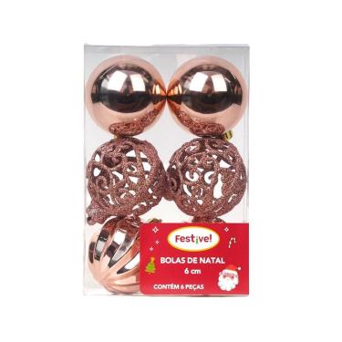 Imagem de Conjunto com 6 Bolas de 6cm Rose Gold para Árvore de Natal - Festive