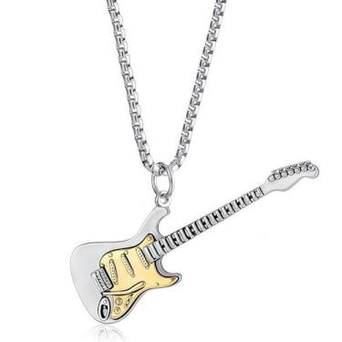 Imagem de Tckyi Colar com pingente de guitarra elétrica, corrente de prata, pingente de instrumento musical de aço inoxidável, Adjustable, Aço inoxidável, Sem Pedra Preciosa