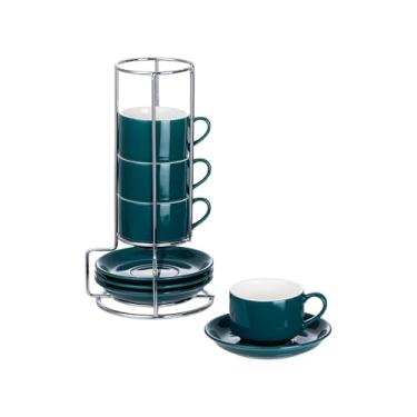Imagem de CHILDIKE Copos de cappuccino de porcelana de 70,9 g com pires e suporte de prata, copos verdes enegrecidos conjunto de 4