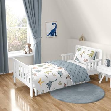 Imagem de Sweet Jojo Designs Jogo de cama infantil de dinossauro em aquarela com estampa de dinossauro, 5 peças, lençol com fronha, verde, ardósia, azul, branco, moderno, natureza jurássica, pegada de animais