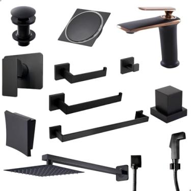 Imagem de SOFTINOX Kit Acessórios Banheiro Lavabo Luxo Preto Fosco Completo – Registro Padrão Docol, Torneira Monocomando, Ducha 20x20, Ducha Higiênica, Acabamentos Premium e Design Black Matte