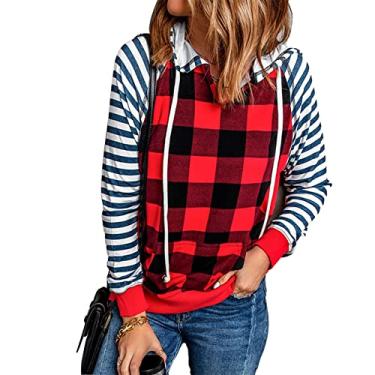 Imagem de Moletom Feminino Com Capuz, Listra Xadrez e Costura Contrastante, Bolsos Grandes, Pulôver Feminino Com Capuz para Aniversário (XXL)