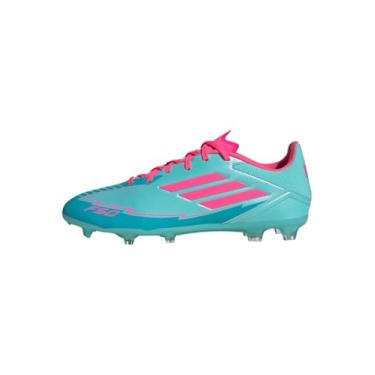 Imagem de adidas Tênis unissex adulto F50 League Messi Firm Multi Ground, Flash Aqua/rosa lúcido/ciano lúcido, 12 Women/11 Men
