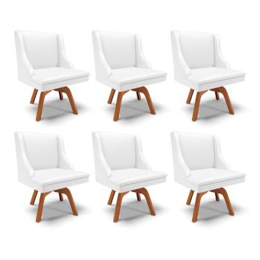 Imagem de Kit 6 Cadeiras Decorativas Sala De Jantar Base Giratória De Madeira Firenze Pu Branco Fosco/natural
