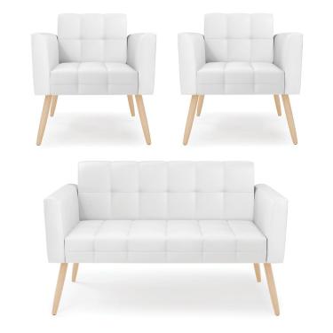 Imagem de Kit 1 Sofá Namoradeira E 2 Poltronas Elisa Corino Branco Pés Palito Natural - D'rossi