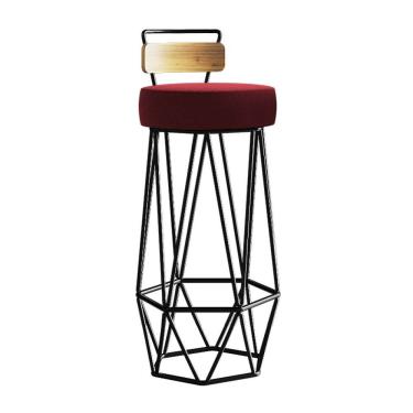 Imagem de Banqueta Com Encosto Botty Hexágono Cozinha Peroba Rosa Ferro Preto Sintético Vermelho - Amey Decor