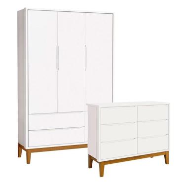 Imagem de Cômoda 6 Portas E Guarda Roupa Infantil 3 Portas New Classic Branco Acetinado Com Pés Madeira - Reller