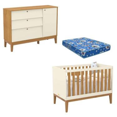 Imagem de Kit Berço Americano e Cômoda Sapateira Unique em MDF 136cm Off White Freijó Eco Wood com Colchão Ortobom Matic