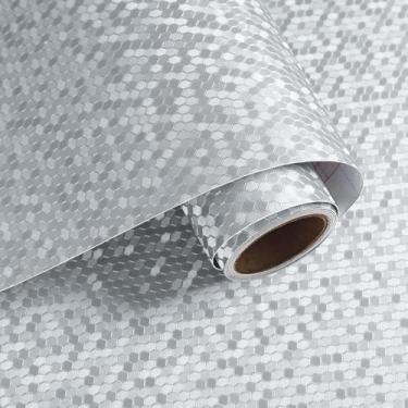 Imagem de VaryPaper Papel de parede prateado metálico hexagonal texturizado papel de parede prateado descasque e cole 39,9 cm x 199,9 cm papel de parede metálico autoadesivo para bancadas, cozinha, impermeável