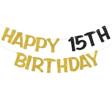 Imagem de Faixa Happy 15th Birthday - Suprimentos para guirlanda de festa de 15 anos para adolescentes - Decorações de festa Cheers to 15 Years - Glitter preto dourado