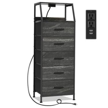 Imagem de NASHZEN Cômoda Com 5 Gavetas E Estação De Carregamento, Mesa Lateral Tecido, Prateleira Aberta Na Extremidade, Portas Tomadas Usb Cabeceira, Alta Para Quarto, Corredor, Preta