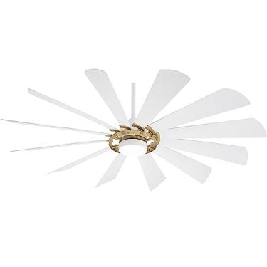 Imagem de MINKA-AIRE Ventilador De Teto Inteligente Windmolen Para Ambientes Externos F870L-Sbr/Whf 65" Com Luz Led E Controle Remoto, Acabamento Em Latão Macio Lâminas Brancas Planas