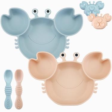 Imagem de PandaEar Pacote Com 2 Pratos De Silicone Ventosa Para Bebês, Divisórias, Inquebráveis, Alimentação Infantil, Colheres, Utensílios Em Formato Caranguejo (Azul E Rosa)