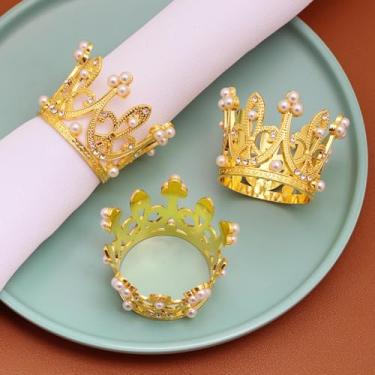 Imagem de WELLYUK 6 Peças De Anéis Guardanapo Pérolas E Strass Coroa Dourada, Porta-Guardanapos Tiara, Fivelas, Topos Bolo Para Cupcake, Casamento, Festival, Festa Fim Ano, Mesa Jantar, Decoração Casa