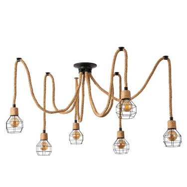 Imagem de Littleglovo Luminária Pendente De Aranha Para Ilha Cozinha, Industrial Corda Cânhamo Com 6 Braços, Lustre Teto Ajustável Faça Você Mesmo, Suspensa Steampunk Sala Jantar, Estilo Fazenda (6 Braços)