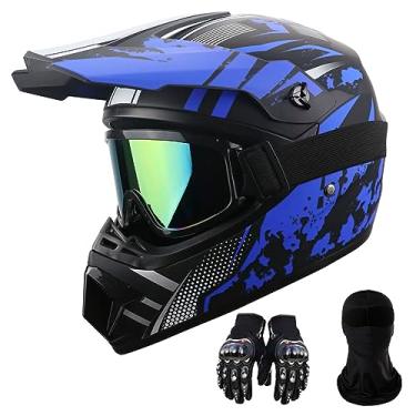 Imagem de WMOOMW Capacete De Motocicleta Para Motocross, Integral Esportes Ao Ar Livre, Corrida Off-Road, Montanha, Homens, Mulheres, Luvas Óculos Proteção, Adulto, Jovem, Dot/Fmvss 218 Approve (Azul Escuro G