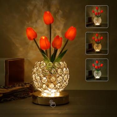 Imagem de Lâmpada de flor de cristal tulipa, luminária de mesa recarregável sem fio, luz noturna pequena alimentada por bateria de 3 cores infinitamente regulável, presente para a mãe no dia dos namorados, dia