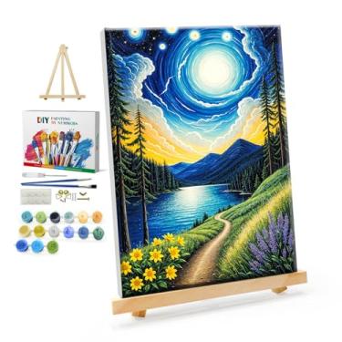 Imagem de YOYA Kit de pintura de paisagem por números para adultos com moldura - kits de pintura de céu estrelado por números em tela com cavalete, pintura DIY Mountain Lake Moon por número tela emoldurada para