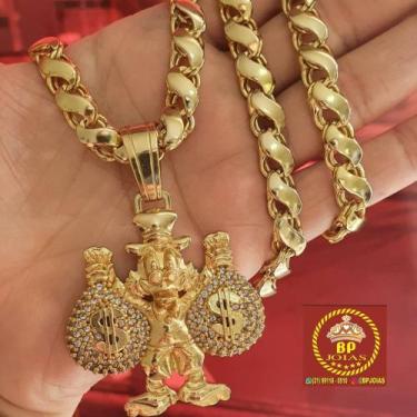 Imagem de Cordão friso S 12mm 70cm com pingente/ banhado a ouro 18k. - Bpjoias 