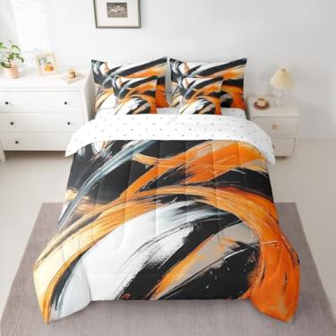 Imagem de Feelyou Conjunto de edredom abstrato laranja preto com arte abstrata, listrado, tamanho king, 7 peças, para crianças, meninos, meninas, moderno, geométrico, em uma bolsa