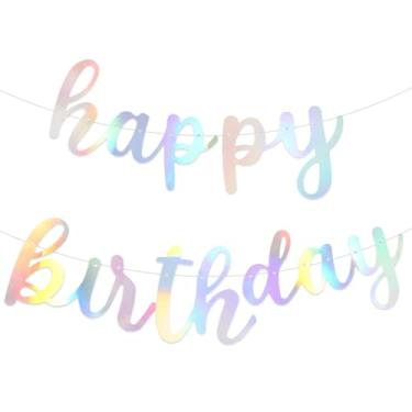 Imagem de Banner holográfico de feliz aniversário, decoração de festa de aniversário iridescente pré-amarrada, guirlanda de prata para chá de bebê, suprimentos de lembrancinha de festa de aniversário