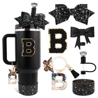 Imagem de Lingdeer Conjunto de acessórios de copo preto para Stanley 850 g e copo de 1,134 g com alça, pingentes de letras, capas de canudo de arco e diamante, bota de silicone com glitter, adesivo