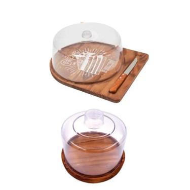 Imagem de KIT 2pçs Boleira com Faquinha e Queijeira de Madeira Rusticas com tamp