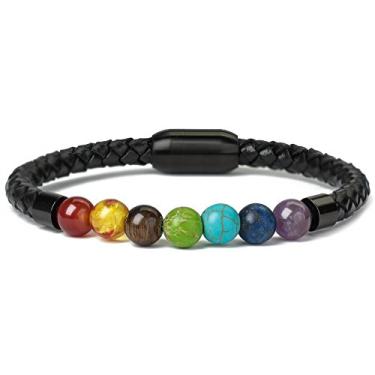 Imagem de Pulseira Ckysee 7 Chakra Lava Rock Balanceamento de couro genuíno com fecho magnético Olho de tigre Ágata Howlite para homens 8.5 inches Multicor