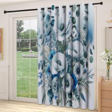 Imagem de Divisória de parede de cortina divisória de quarto azul, papoulas florescendo com folhas dramáticas de eucalipto impressão estilo botânico, cortinas largas isoladas/cortinas de quarto (painel único),