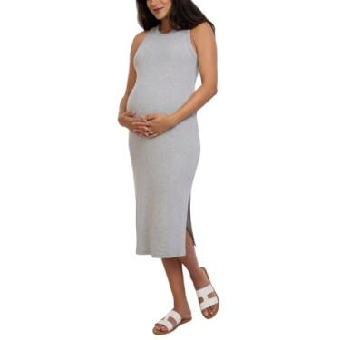 Imagem de Motherhood Maternity Vestido feminino colado ao corpo midi de malha canelada costas nadador sem mangas, Cinza mesclado, M