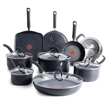 Imagem de T-fal Conjunto de panelas antiaderentes anodizadas rígidas definitivas, 14 peças, seguro para grelha de forno, 400F, seguro para tampa 350F, conjunto de cozinha com frigideiras, panelas, grelha, forno