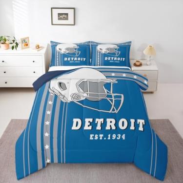 Imagem de Erosebridal Conjunto de edredom casal, futebol americano, estilo cidade, futebol americano, jogo de rúgbi, equipe, azul, branco, estrelas e listras (Detroit)