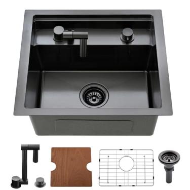 Imagem de Estação de trabalho de pia de barra de montagem preta - HLBLFY Pia de cozinha pequena de 53 x 45 x 25 cm de aço inoxidável calibre 16 com tábua de corte para torneira