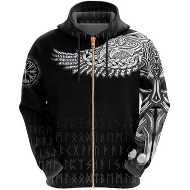 Imagem de Camiseta Masculina Viking Com Capuz Vikings Odin Crow Tattoo, Casual Moletom De Casal Solto Pulôver De Manga Longa, Moda Outono Uniforme De Beisebol Bolso Canguru, Zip, XXL