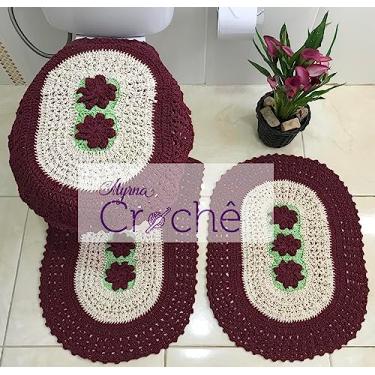 Imagem de Tapete para Banheiro em Crochê Bordado Premium 3 Peças (Bordô)