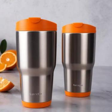 Imagem de Copo Térmico Parede Dupla em Aço Inox Laranja 350ml com Alça Ergonômica - Estilo Premium