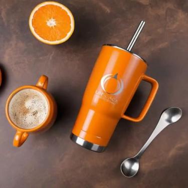Imagem de Caneca Térmica Parede Dupla em Aço Inox Laranja 1000ml com Canudo - Estilo Com Logo